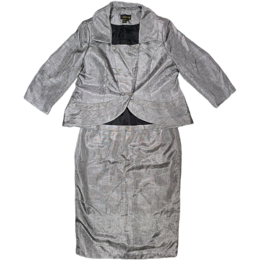 Susanna Skirt Suit Womens 20 Silver Excellent Metallic Peplum Rhinestone 2pc Set